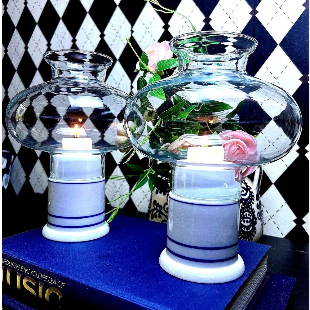 Large‎ Vintage Dansk Hurricane Candleholder Lamp Pair Blue White Coastal